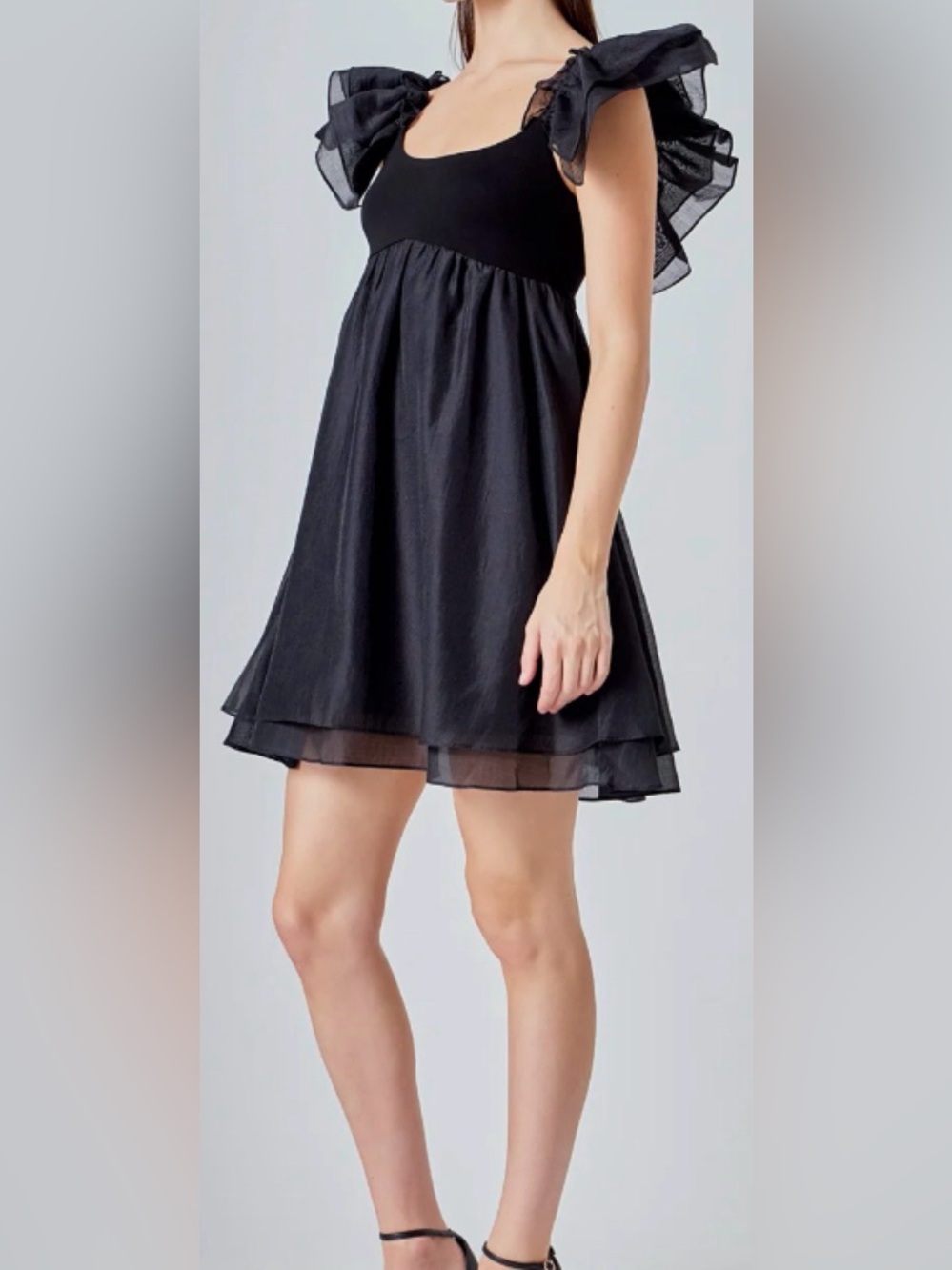 Endless Rose Black Ruffled-Organza Babydoll Mini Dress: Medium - Picture 4 of 8